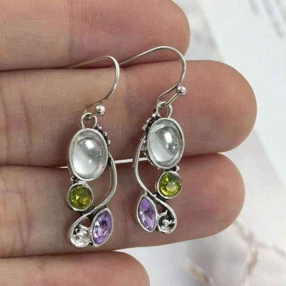 Elegant Silver Earrings set with White, Olive Green, & Purple Gemstones